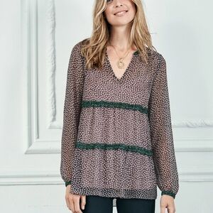 Boden Talise Top Size 6 Peasant Blouse Boho Black Pink Green Tiered Ruffle